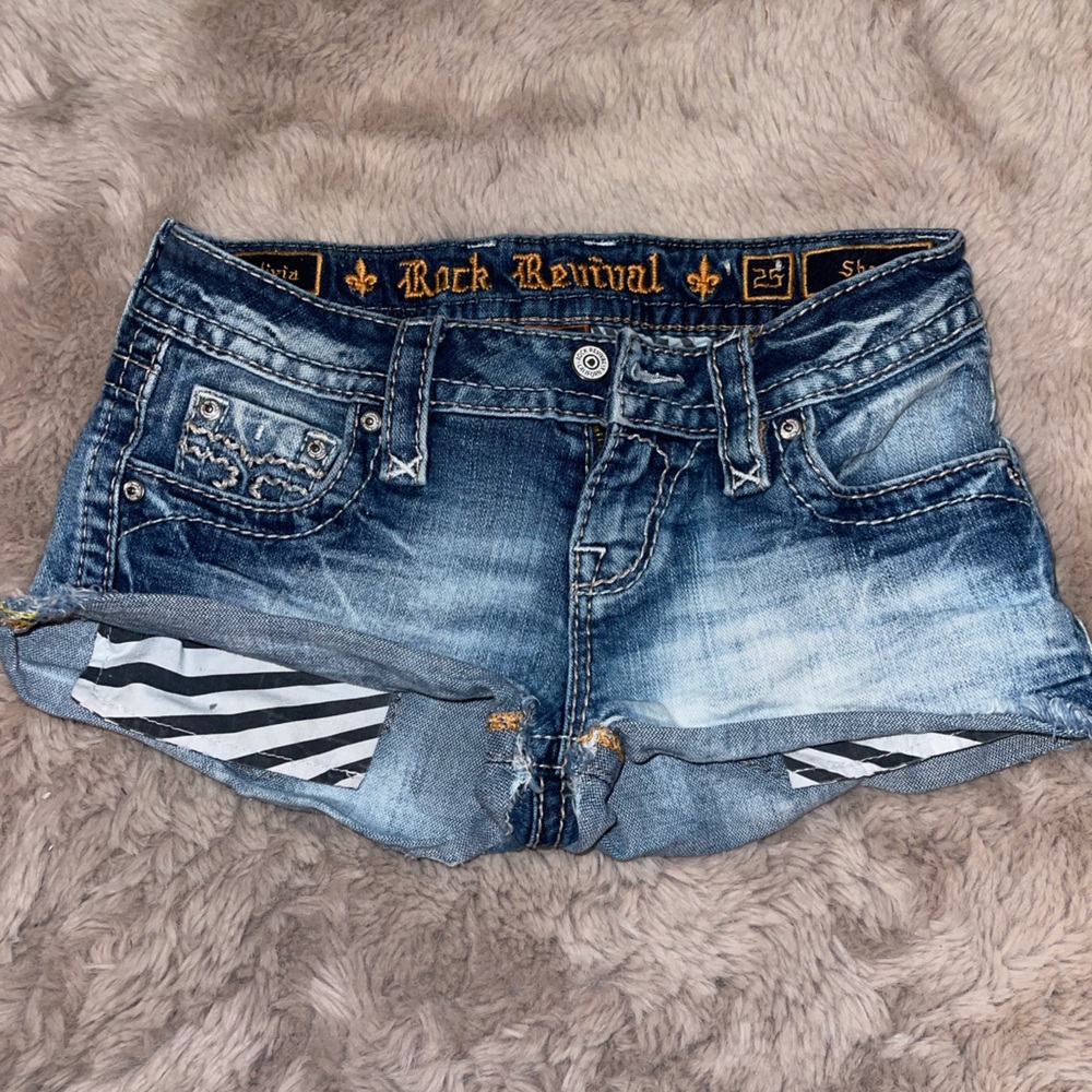 Rock Revival Blue Jean Shorts with Distressed Hem